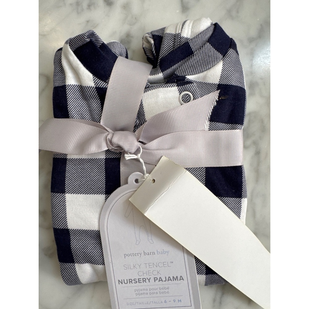 Pottery Barn Baby Silky Tencel Buffalo Check Nursery Pajama Navy White 6-9M NWT